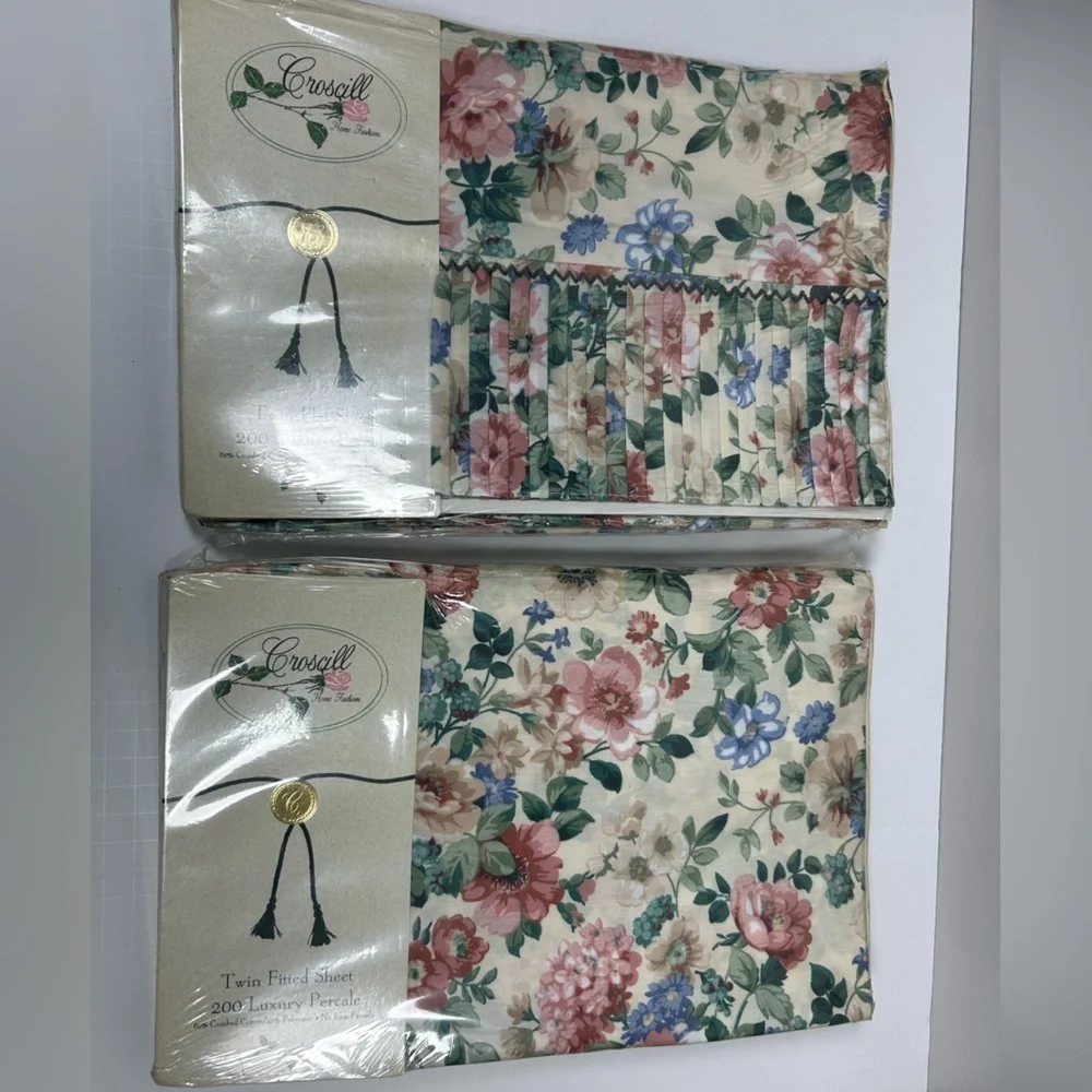 Vintage CROSCILL Floral Twin Flat & Fitted Sheet Ruffle Set 200 Luxury Percale